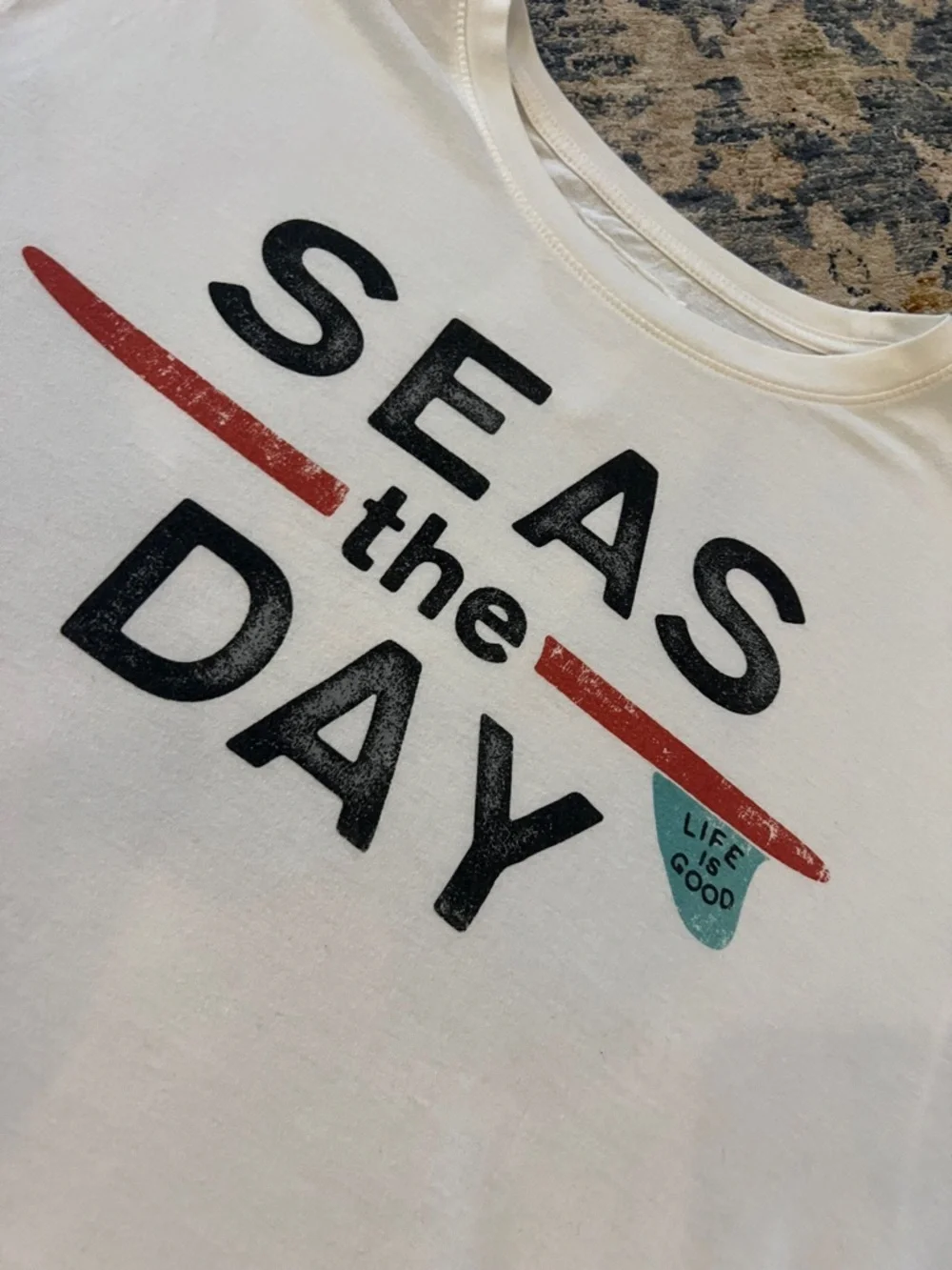 Life Is Good Seas the Day Unisex Graphic Tee - White with Red & Teal Surfboard - Picture 4 of 5